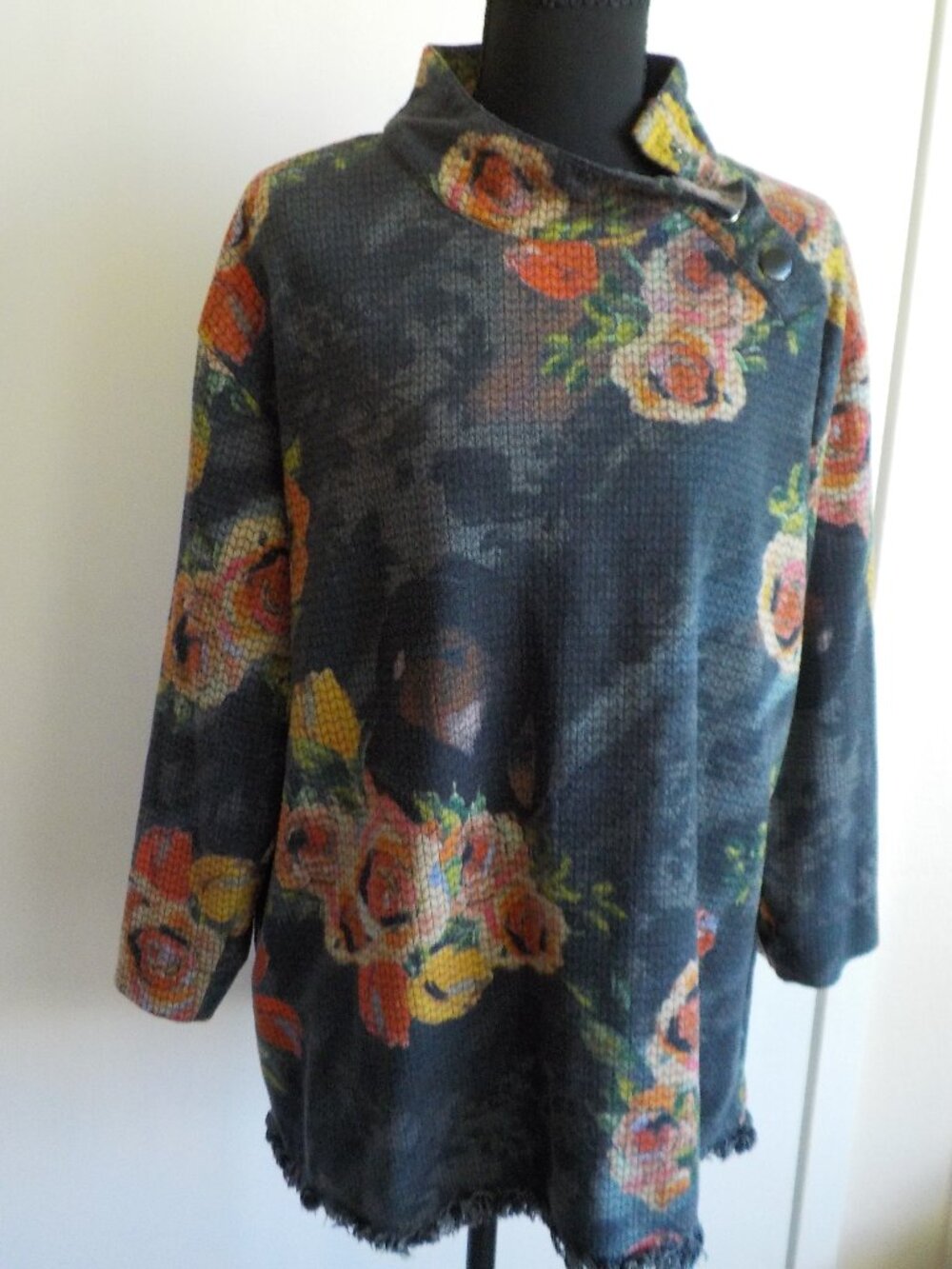 Ali Miles Blouse Top Tunic - Large - Black Multi Mock Neck 3/4 Sleeve (2607)